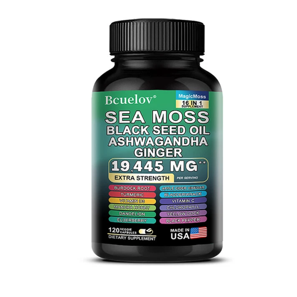 Bcuelov MagicMoss 16-in-1 Supplement, Sea Moss Black Seed Oil Ashwagandha Ginger, 19,445mg Extra Strength, 120 Veggie Capsules