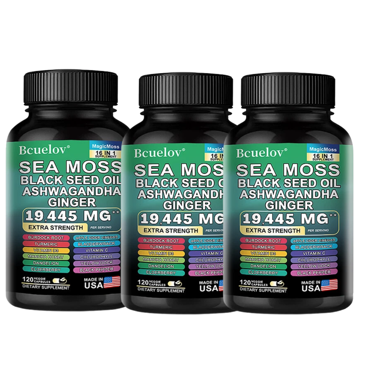 Bcuelov MagicMoss 16-in-1 Supplement, Sea Moss Black Seed Oil Ashwagandha Ginger, 19,445mg Extra Strength, 120 Veggie Capsules